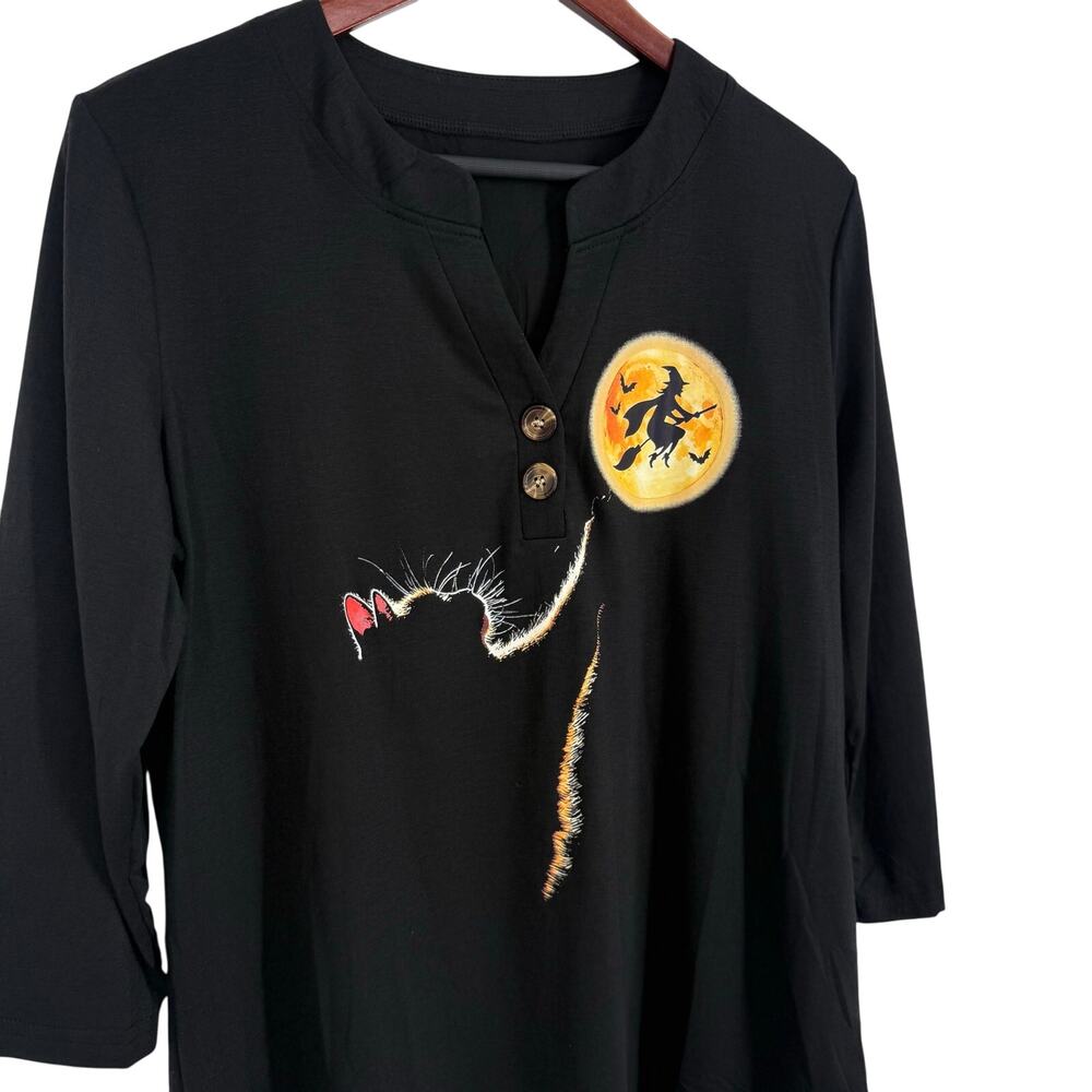 NEW NWT Womens Sz Large Halloween Witch Black Cat Holiday Blouse Shirt Top Artsy - Picture 4 of 7